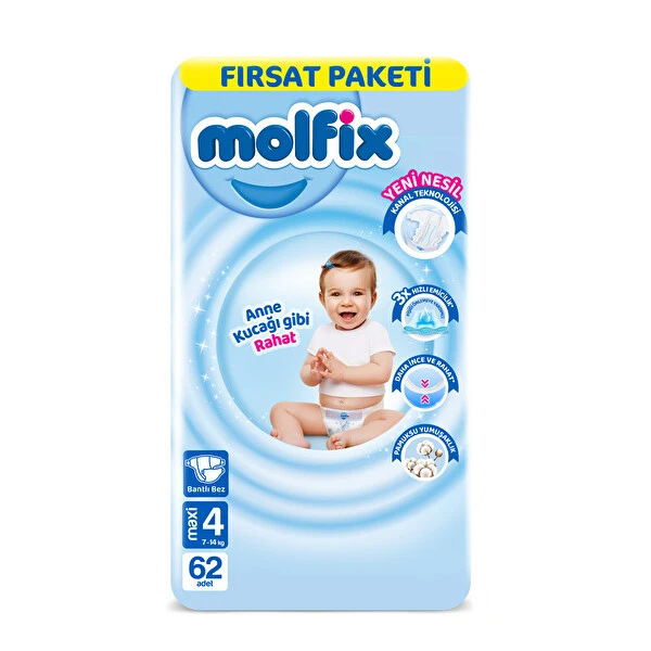 Molfix 3D 4 Beden Maxi Bebek Bezi 62'li
